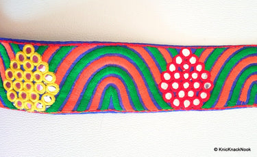 Blue Mirrored Fabric Trim With Orange, Green, Red And Yellow Embroidery With Mirrors